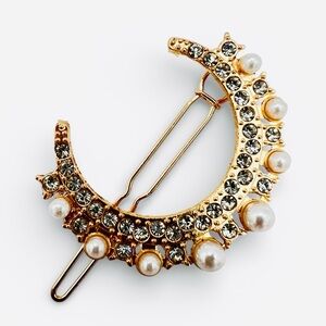 Pearl Rhinestone Crescent Barrette New